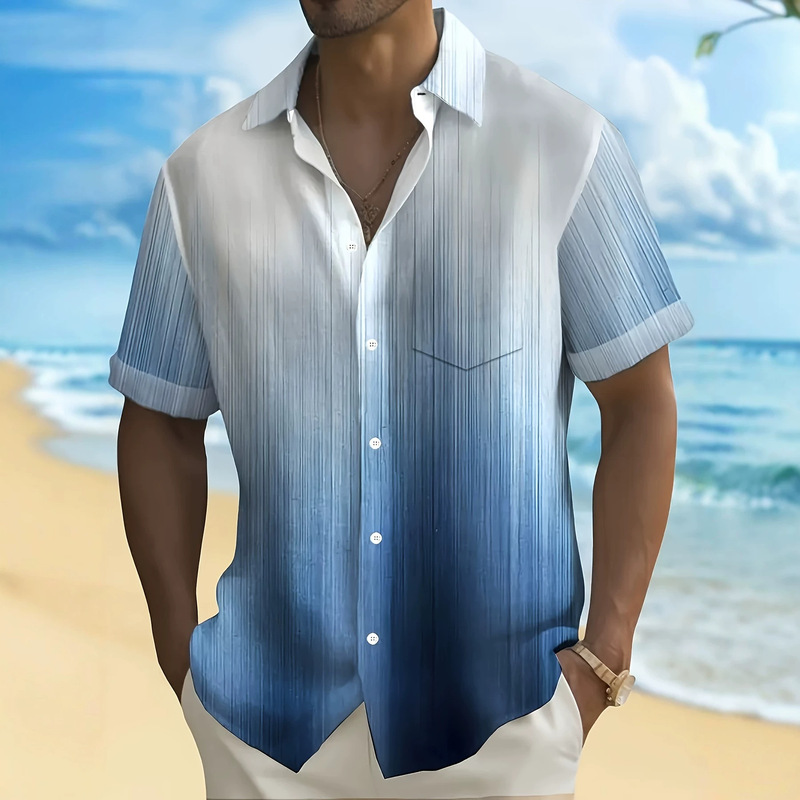 Cross-Border Men's Gradient Vertical Stripe Lapel Short-Sleeve Shirt with Side Pockets, Loose Fit, Vacation Casual Beach Cardigan, Multi-Color