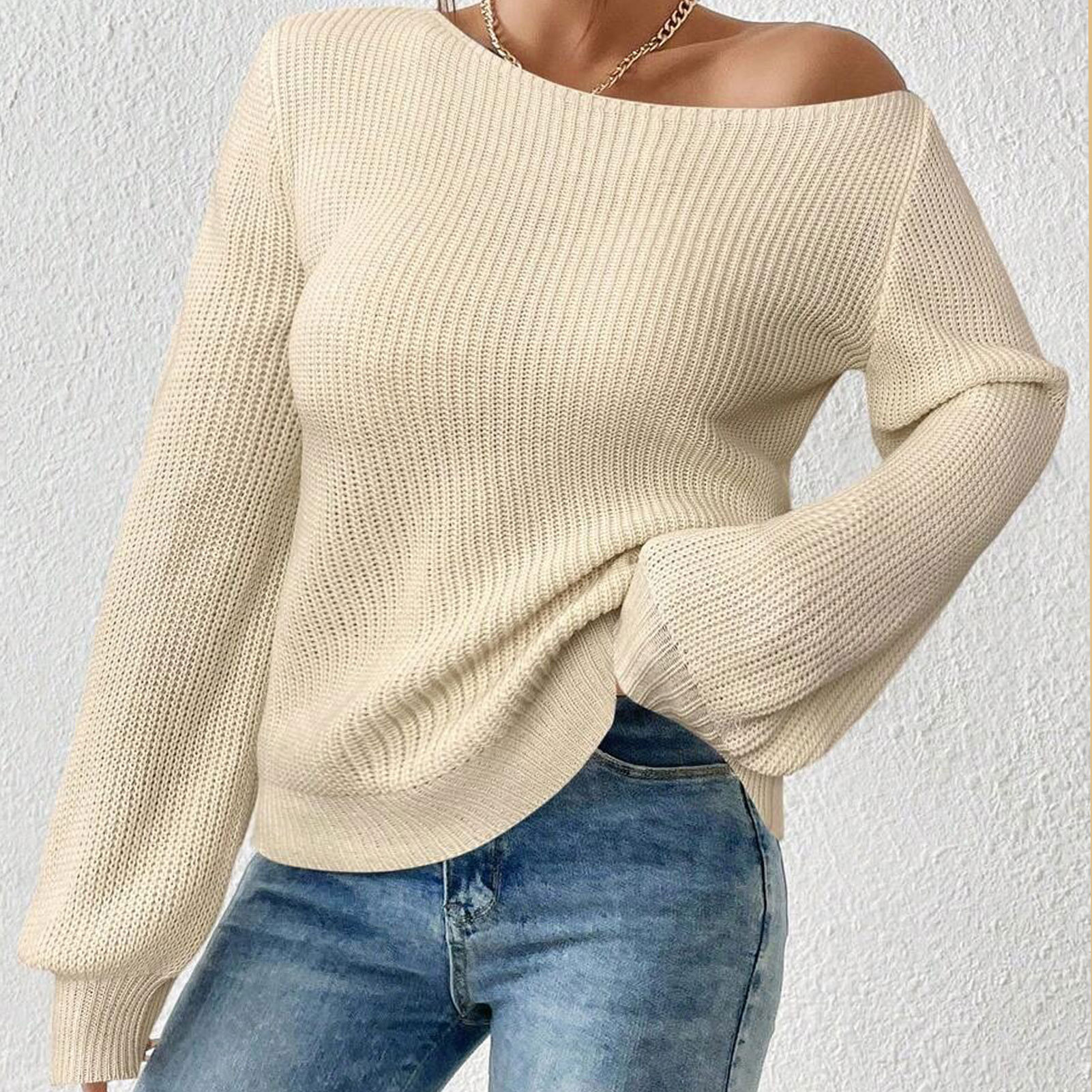Amazon's best-selling one-shoulder off-shoulder sweater for women loose solid color sweater autumn and winter new style lazy style long sleeves