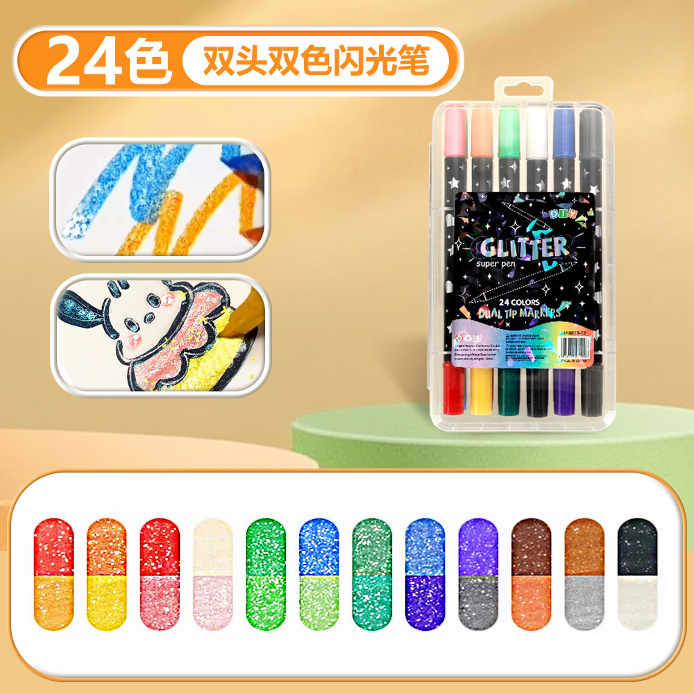 Marcador flash de dos colores de dos cabezas de venta caliente de Temu, bolígrafo flash de pintura de cabeza suave de bricolaje, bolígrafo de marcado clave para estudiantes