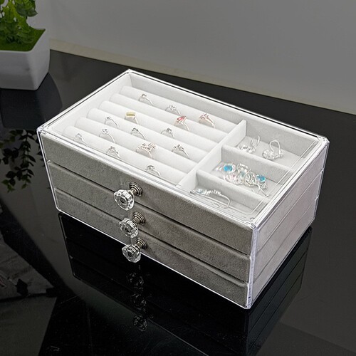 New Acrylic Three-Layer Three-Compartment Earrings Rings Necklace Watches Flocked Fabric Box Jewelry Storage Box