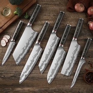 Amazon Cross-Border Double Steel Head Kitchen Knife Home Chef Knife Santoku Knife Damascus Knife 7-Piece Gift Box Set