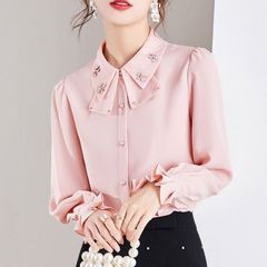 2025年春の服の新型蝶結びの女性の上着のシフォンのシャツの洋風のシャツの長袖の底のシャツの女性