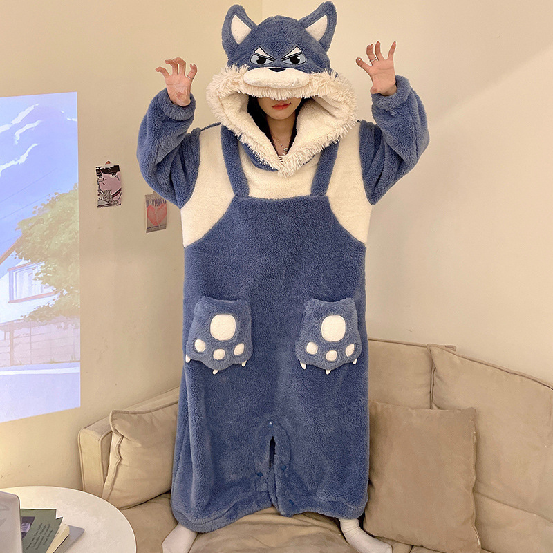 Coral Velvet Big Bad Wolf One-Piece Pajamas for Women Autumn and Winter Thickeneded Hooded Cute Large Size Loose Cartoon Home Clothes