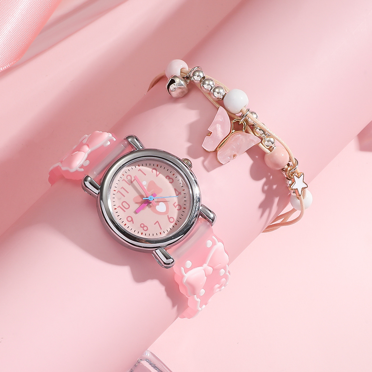 Children's Heart-Shaped Bow 3D Cartoon Watch Pvc Silicone Strap Watch Butterfly Bead Bracelet Large Dial Quartz
