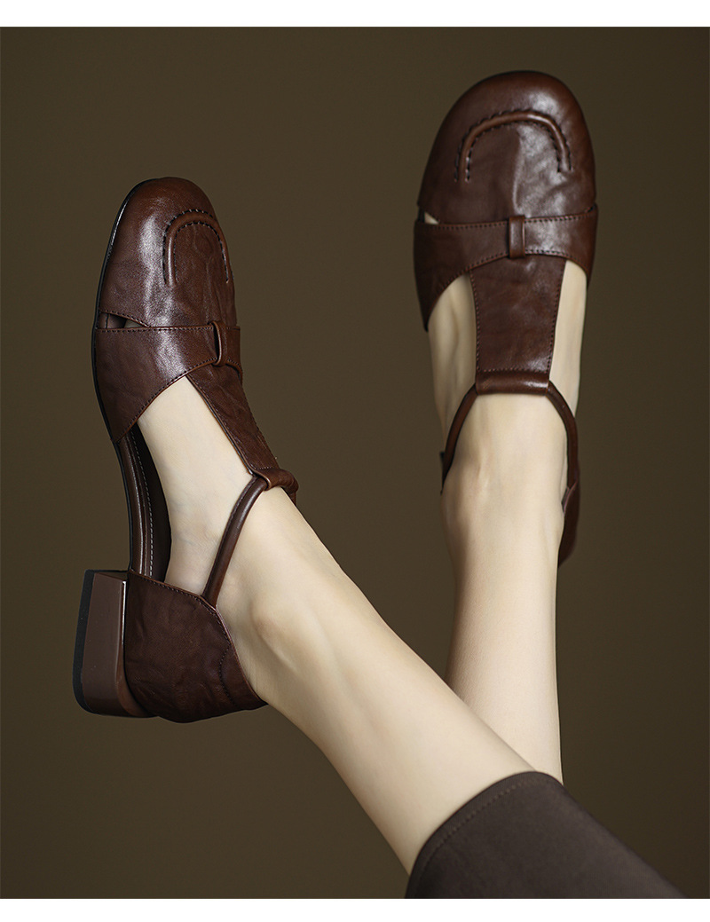 Dép sandal nữ da bò kiểu retro quai chữ T, mũi kín, gót thấp — màu nâu chi tiết 9