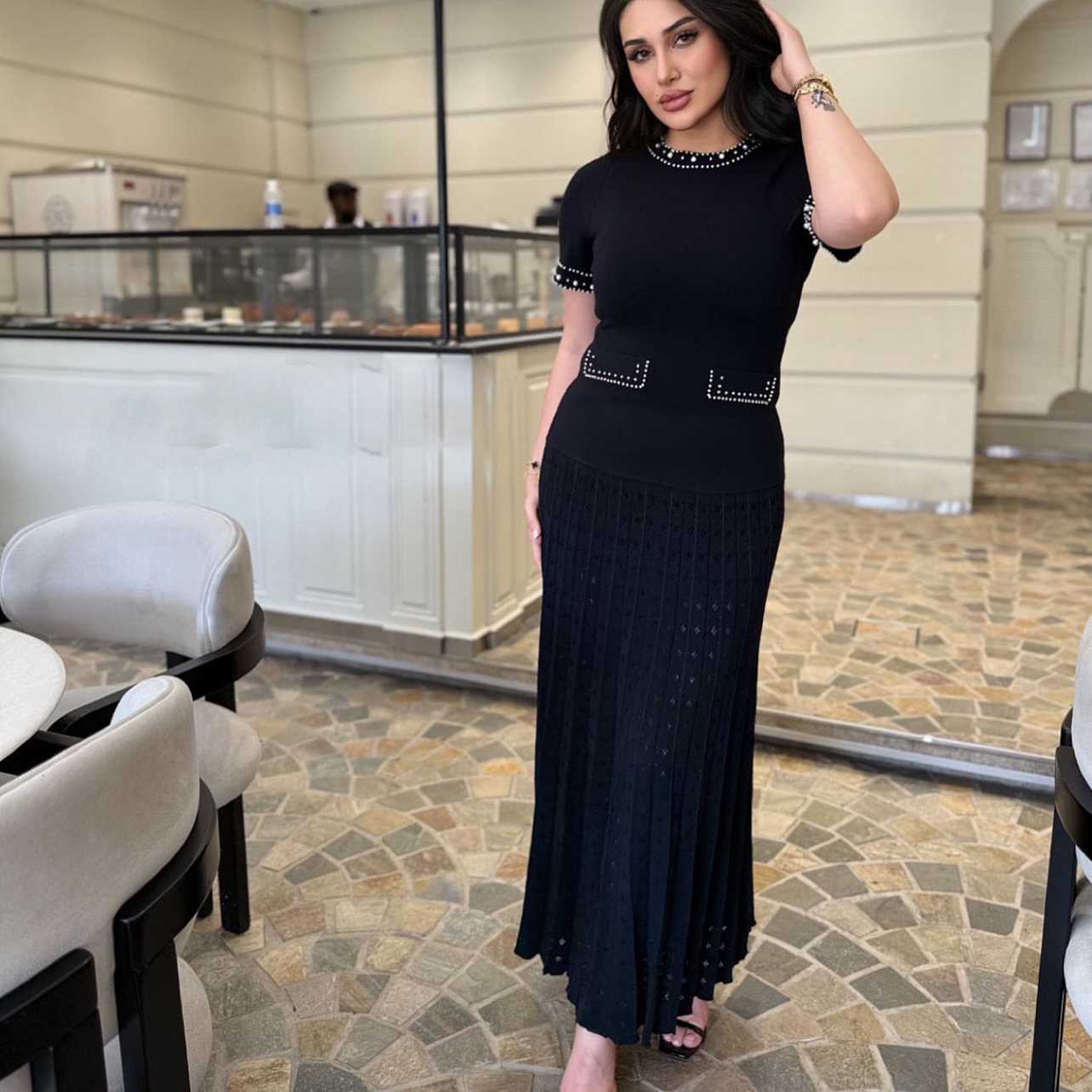 Women's French Style Beaded round Neck Short Sleeve Knit Dress Elegant Slimming Inner Sweater Dress_ecoleips.com