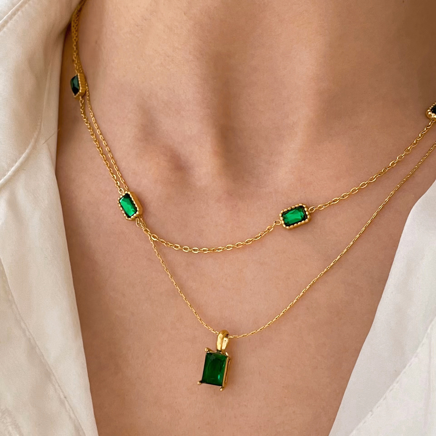 Fashion Stainless Steel Rectangular Necklace Daily Electroplating Zircon Stainless Steel Necklaces