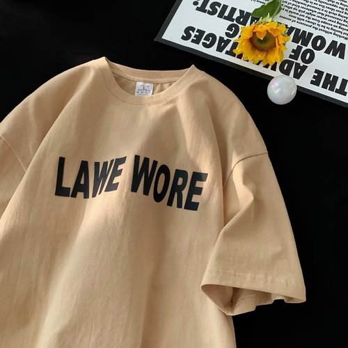 Red Wine American Retro Letter Print Short-Sleeve T-Shirt for Women Summer Loose Oversize Trendy Brand Half-Shirt Top