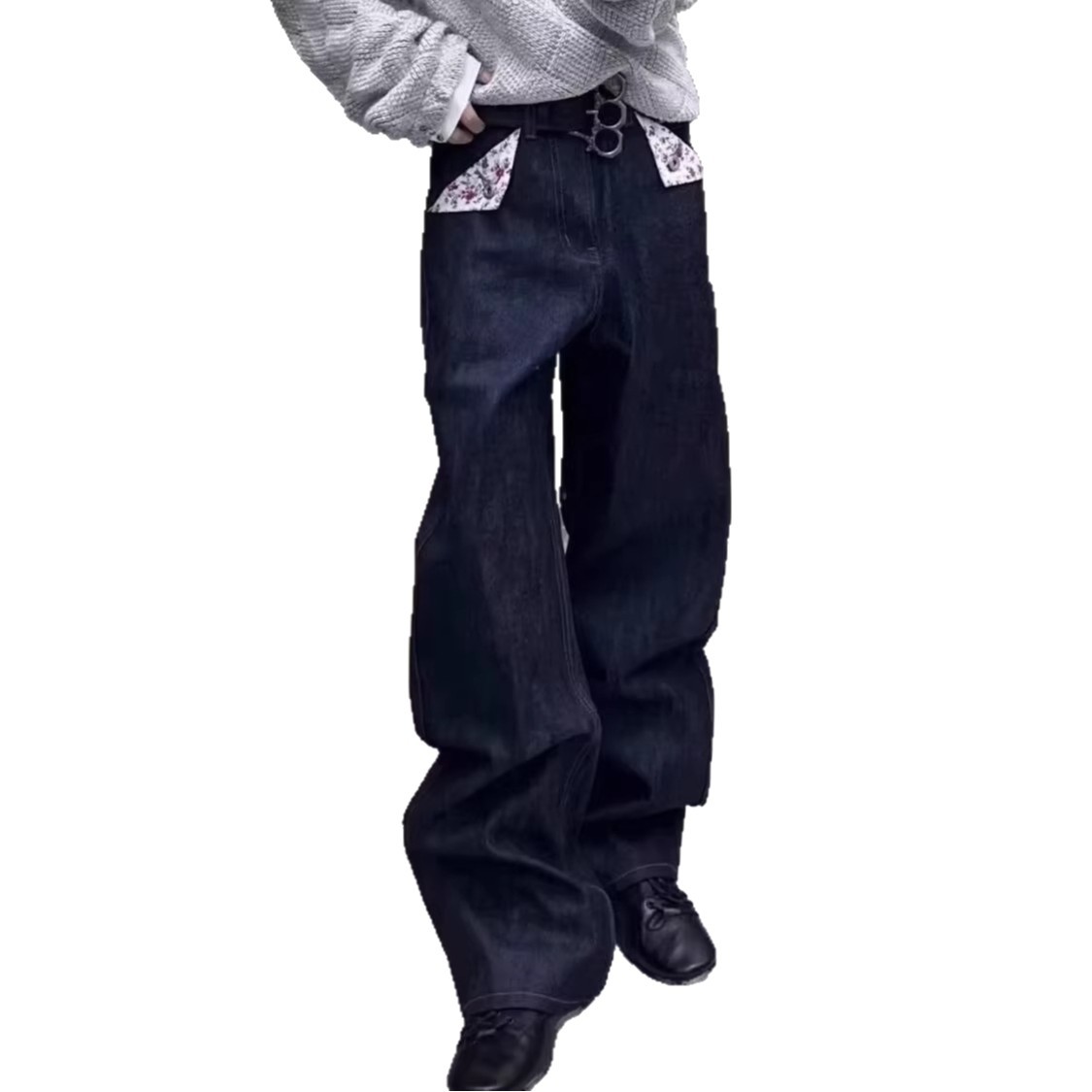 Herrenbekleidung: Retro-Jeans mit Blumenmuster, A-Linie, gerades Bein, lockerer Schnitt, lässiger Stil, Raw Denim, bodenlange Hose_voghion.com
