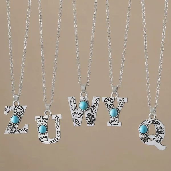 Cross-Border Hot-Selling 26-Letter English Alphabet Necklace with Vintage Turquoise Pendant, Western Style Casual Versatile Outdoor Necklace