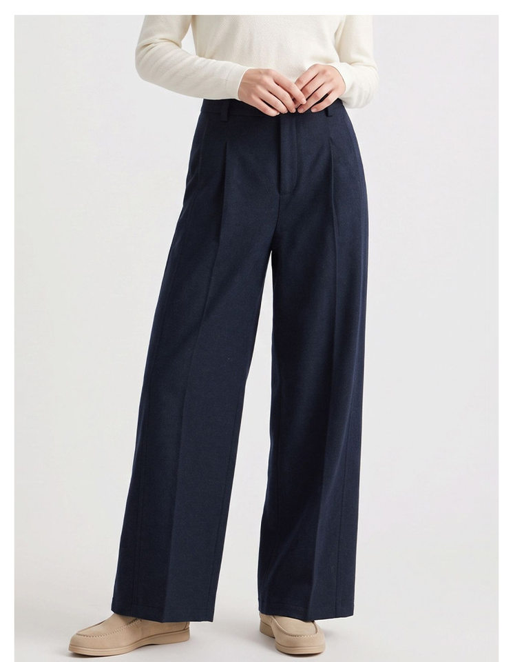 Quần ống rộng lưng cao dáng suông chất len cashmere phối len cừu — Xanh navy chi tiết 9