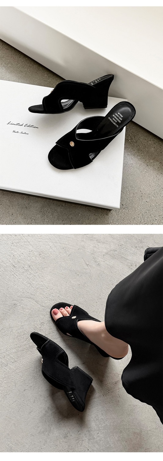 Sandal nữ da cừu hở mũi quai chéo gót xuồng 5 cm — màu nâu, Trang chủ, màu đen chi tiết 51