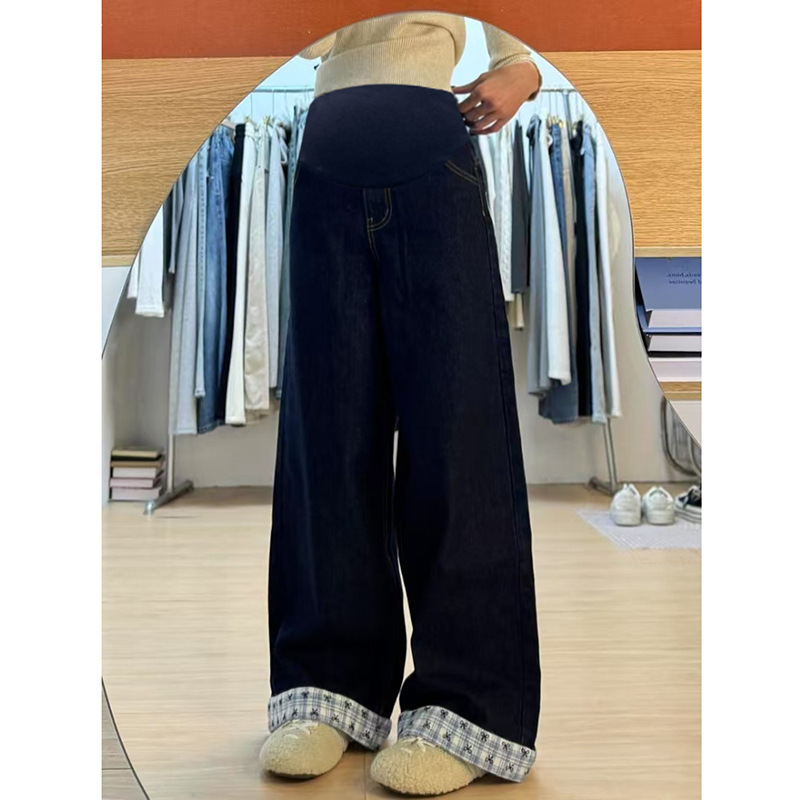 孕妇装秋季新款蓝色拼接脚口孕妇牛仔阔腿宽松裤外穿新款休闲裤|undefined