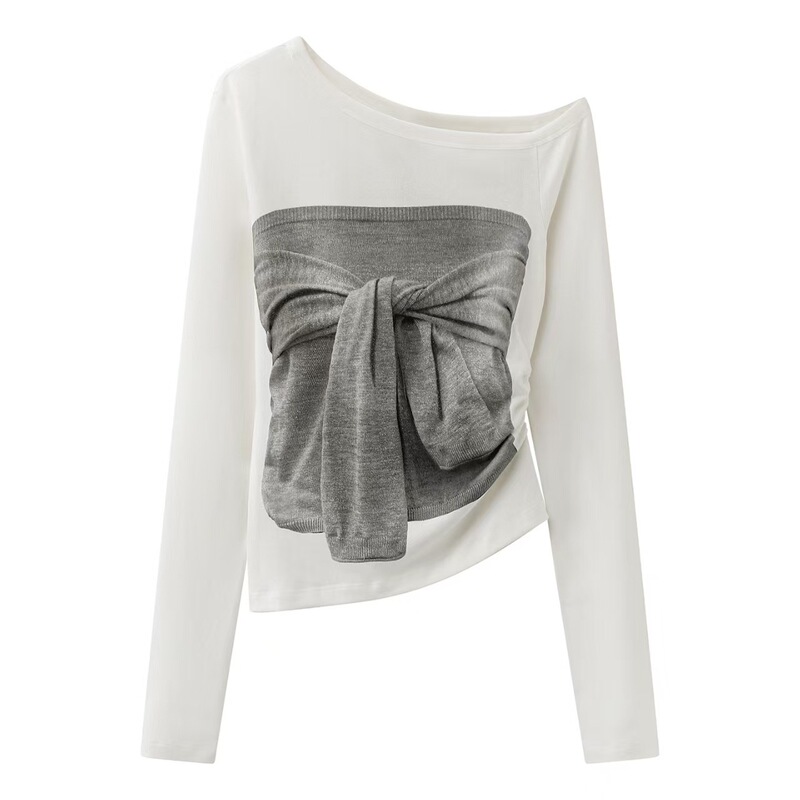 In Stock 2026 Summer New Designer Style Slim-Fit Color-Blocked Tie-Dye Printed Asymmetrical Neck Knit Top Rk31001419