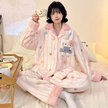 秋冬季法兰绒睡衣女加绒加厚保暖甜美少女18岁初中生女孩绒毛套装