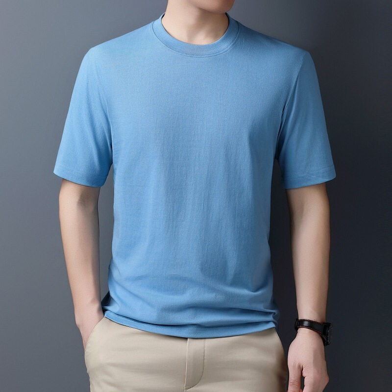 2026 Brand Men's Pure Cotton Loose Casual T-Shirt Round Neck Fitted Solid Color Base Shirt for Young and Middle-Aged Men Polo Shirt