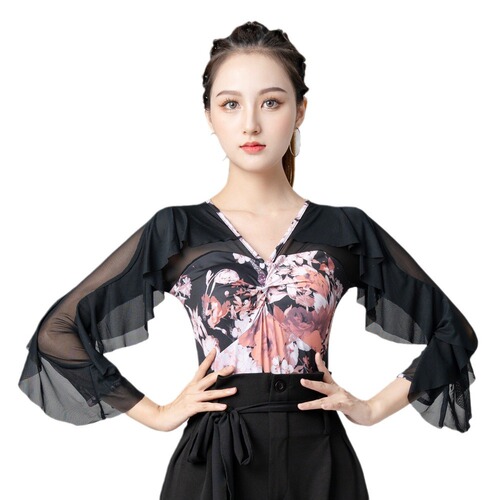  Dance Tops New Printed Modern Dance Practice Wear V-Neck Dance Ballroom Dance Latin Dance Practice Wear