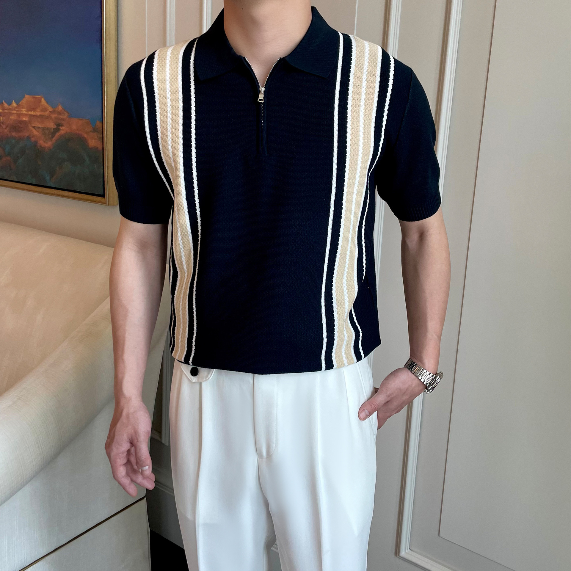 Solid Color Button Lapel Ice Silk Polo Shirt for Boys Casual Short-Sleeved T-Shirt Loose Half-Sleeved Pullover Top Bottoming Shirt