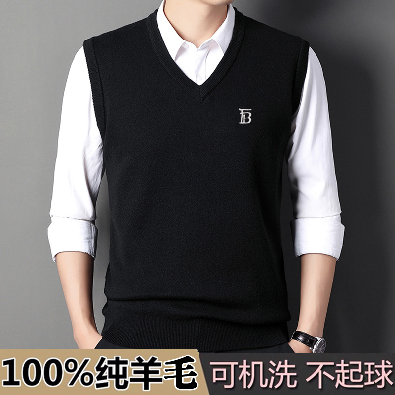 100 Pure Wool Vest Men's Thickeneded Thermal Vest Business Casual V Neck Middle-Aged Sleeveless Vest Cashmere Bottoming Shirt
