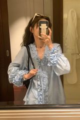 韩系春秋甜美衬衫女重工2025新款洋气减龄衬衣宽松显瘦边上衣