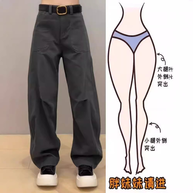 Small man's work jeans women's 2024 new autumn chubby girl slimming plus size straight high waist wide leg long pants