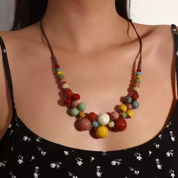 Ethnic Style Colorful Ceramic Beaded Necklace for Women, New Chinese Style Braided Clavicle Chain, Niche Design, Retro Versatile Accessories
