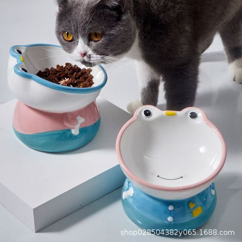 陶磁器のペットの茶碗の猫の碗の漫画のかわいい高い足の斜めな口の首の水の碗のペットの碗の猫の茶碗|undefined
