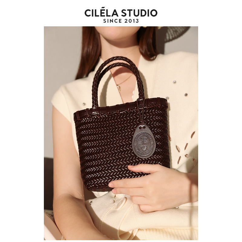 [Top Grain Leather] Handmade Woven Vacation Style Genuine Leather Handbag, Market Basket Tote Bag For Women, Summer - Thumbnail 5