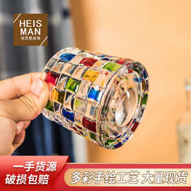 海思曼加厚彩色玻璃杯创意旋转威士忌酒杯手绘转转杯带木托解压杯