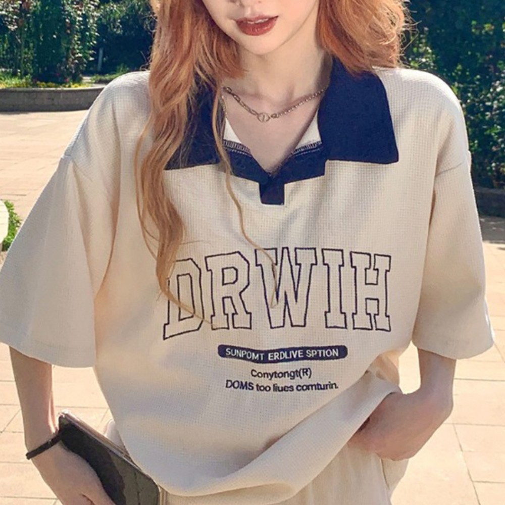 American Retro Shoulder Short-sleeved T-shirt Women's Wafflick Design Sense Niche Polo Shirt College Style Loose Top Trendy