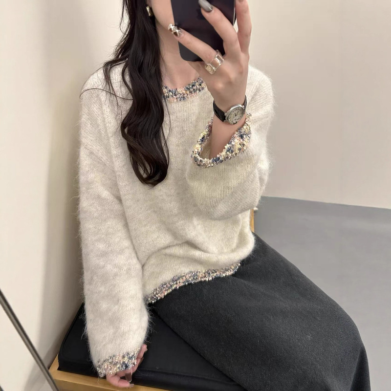 2025年法式复古重工钉珠毛衣女秋冬外穿宽松慵懒风超好看长袖针织|undefined