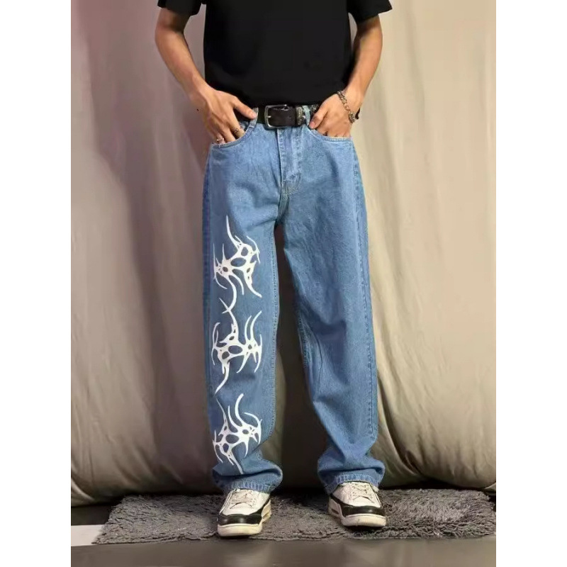 American Y2K Print Straight Jeans Men's Clothing Hip Hop Fashion Street Pants Harajuku Style Punk Jeans