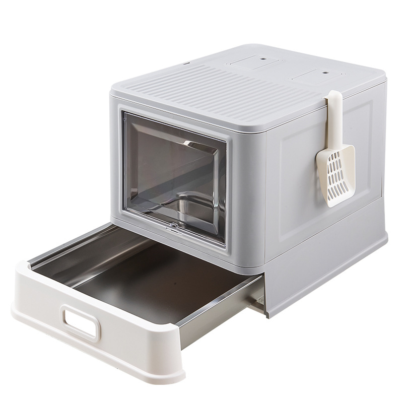 Acero inoxidable semicerrado tipo cajón super grande anti-derrames anti-odorante lavabo de arena para gatos cubierta de inodoro para gatos