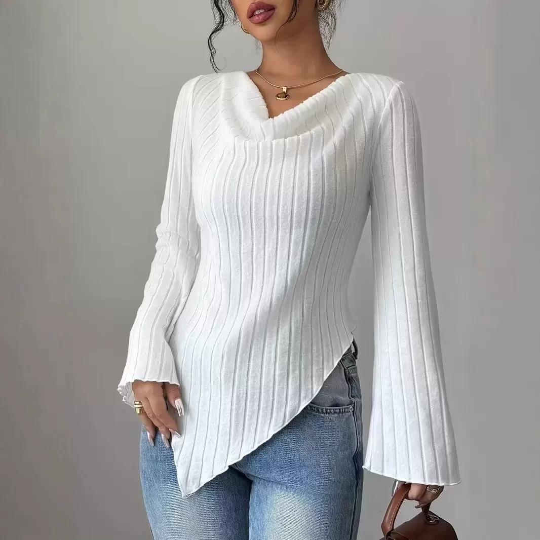 亚马逊欧美跨境女装2025秋冬热卖V领长袖T恤女士纯色上衣现货批发