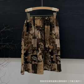 2026夏季新款亚麻半身裙女文艺休闲气质宽松拼接印花松紧腰短裙
