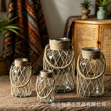 美式乡村玻璃麻绳编网装饰花瓶摆件风灯烛台庭院花园灯笼手工挂件