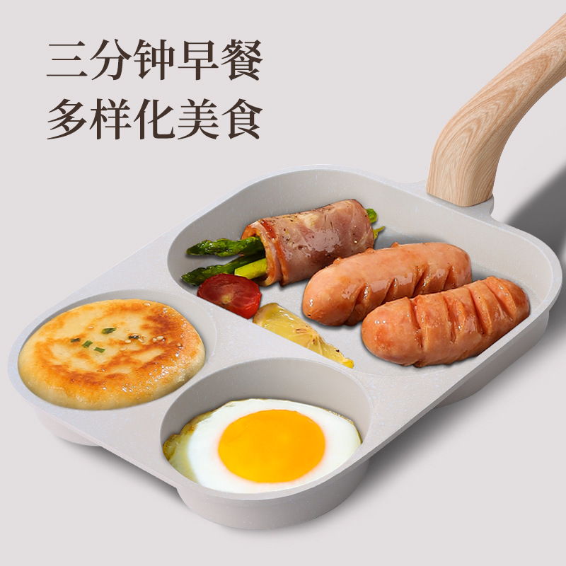 大型ステーキ焼き・卵焼き・ハンバーグ焼き三合一フライパン、ノンスティック平底朝食鍋、3穴卵焼き鍋卸売|undefined