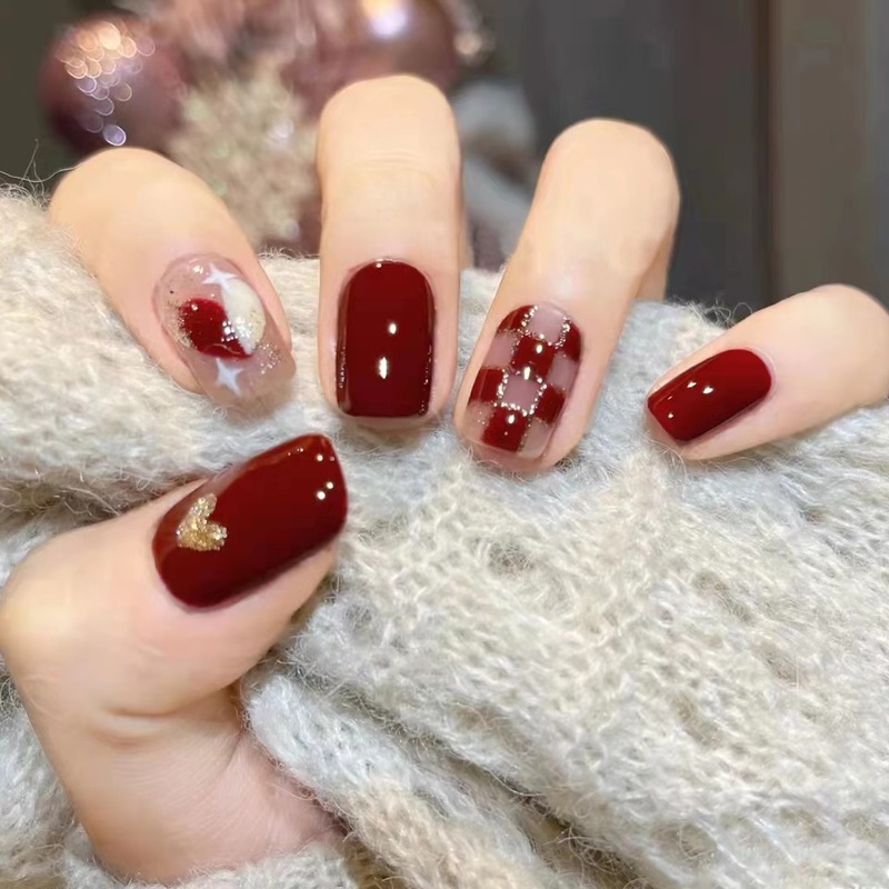 Autumn high-grade simple wearing nail patch finished white short wine red checkerboard fake nails wholesale nail