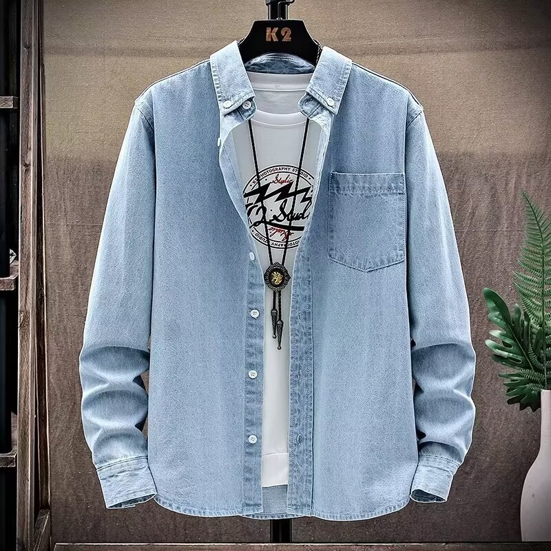Japanese Retro Washed Light-Colored Denim Shirt Men's Long-Sleeve Trendy Loose Casual Work Shirt Spring and Autumn Jacket