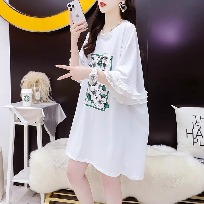 Summer cotton Korean-style mid-length lace stitching design loose slimming short-sleeved T-shirt for women dress foreign trade