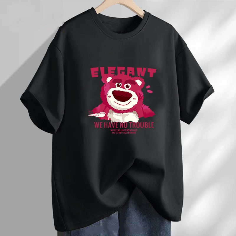 Strawberry Bear impresión versátil comercio exterior ins2026 camiseta de cuello redondo de manga corta camiseta casuales blanco T pareja