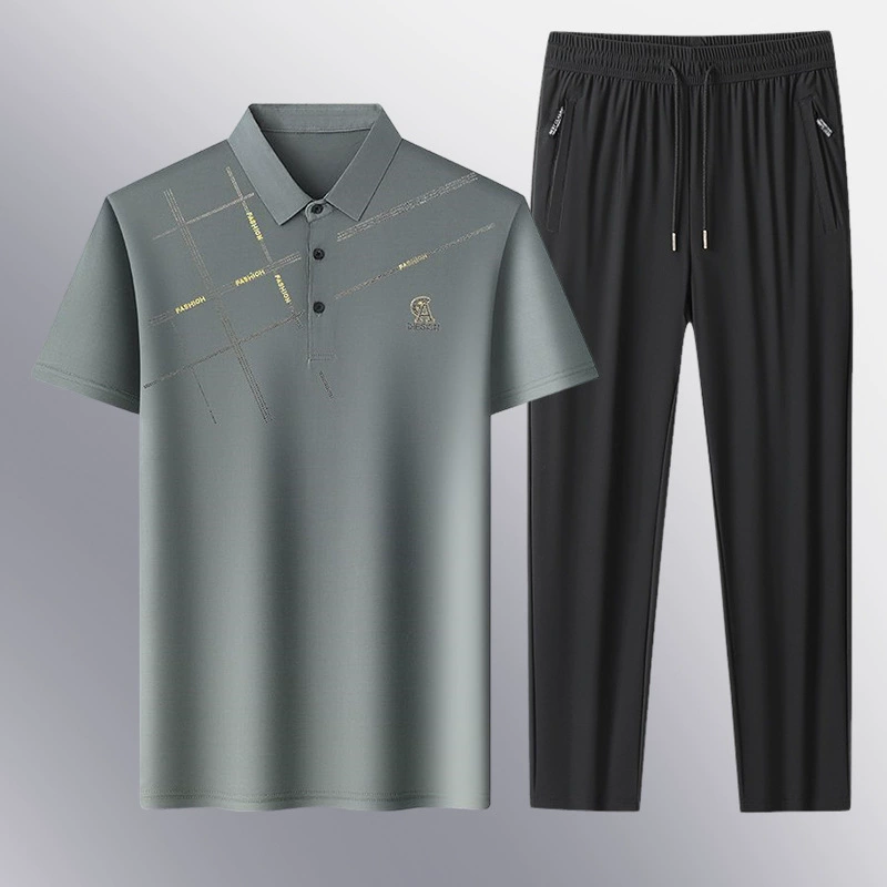 Летний популярный костюм из ледяного шелка с лацканами, короткими рукавами, для мужчин среднего и старшего возраста, деловой повседневный поло, двухкомпонентный костюм для папы