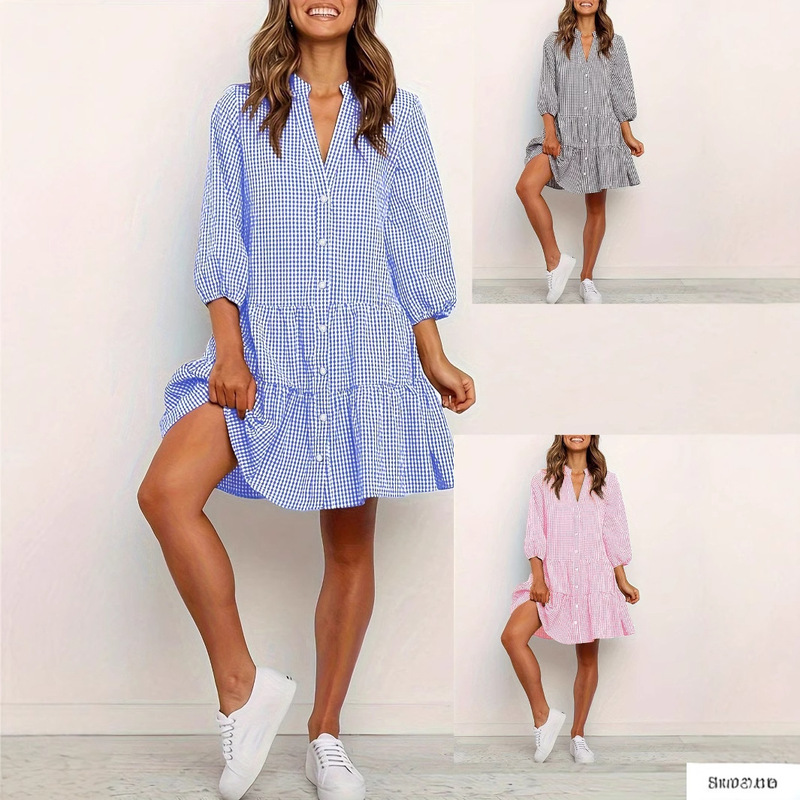 2024 European and American Popular Loose Plaid Dress Aliexpress Amazon Hot Selling Foreign Trade Women's Clothing