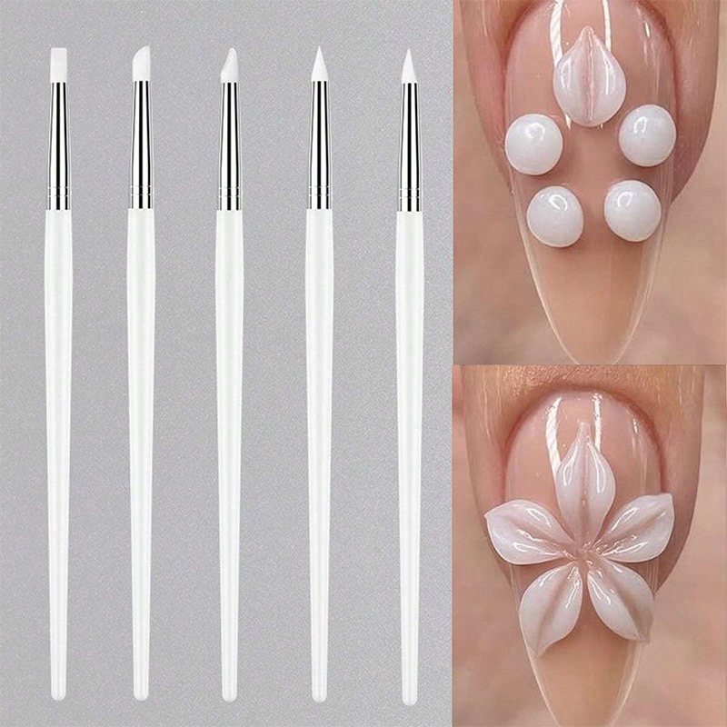 Nail Art Pen Silicone Press Pen 5-Piece Set Crystal Powder Carving Glue Extension Glue Dot Bead Embossing Powder Press Stick