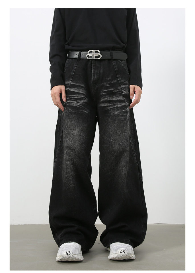 Quần jean nam ống đứng rộng rãi phối mảng giải cấu trúc, denim giặt nước — Đen xám chi tiết 6