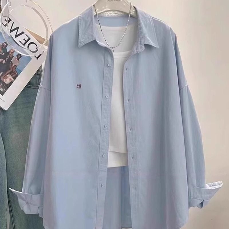 Pure cotton washed denim, collared shirt jacket, autumn design, loose fit, available in white, apricot, and blue, with an off-the-shoulder style and high elasticity Pure cotton washed denim, collared shirt jacket, autumn design, loose fit, available in white, apricot, and blue, with an off-the-shoulder style and high elasticity