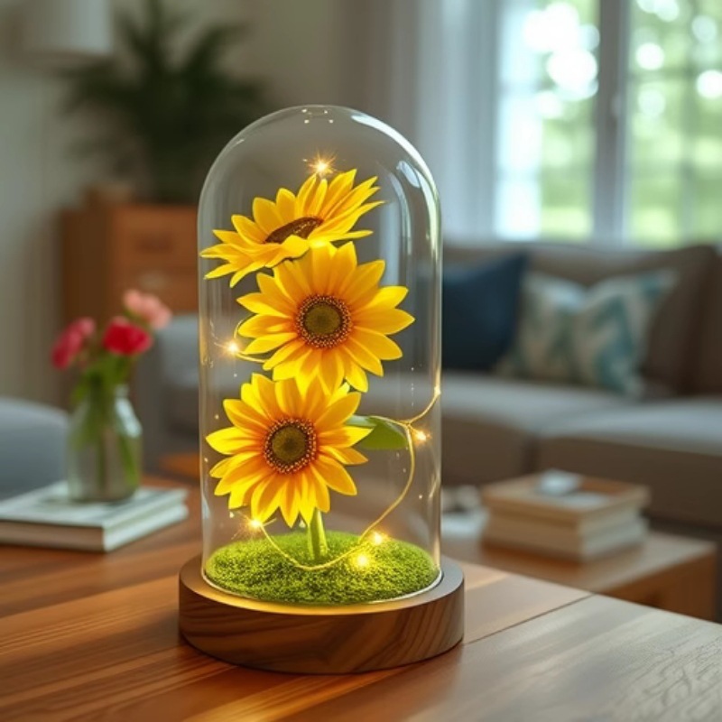 Regalos navideños Fragrant Sun Kwai haz de vidrio cubierta pequeña fragancia rosa flor con luz flor artificial regalo de cumpleaños de San Valentín