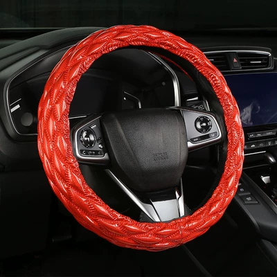 Steering wheel cover round steering wheel cover four - leather-rhombus-plaid-round-red-38cm