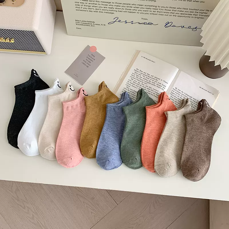 袜子夏女笑脸袜船袜薄款提尔刺绣ins短筒时尚不掉跟短袜女袜批发