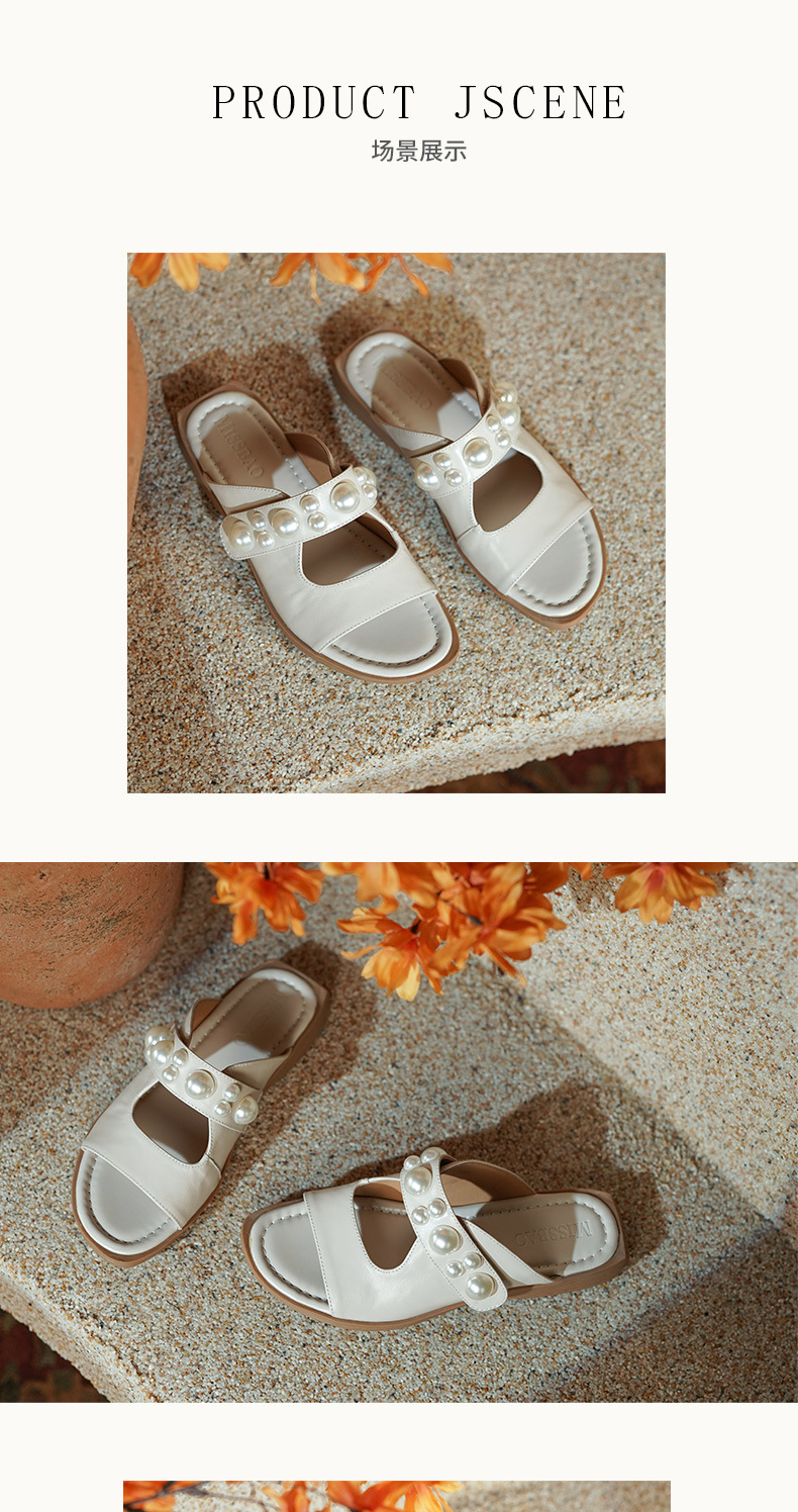Dép sandal nữ quai chữ V đế bệt da mềm đính ngọc trai phong cách tiểu thư — Màu trắng nhạt, mơ chi tiết 6